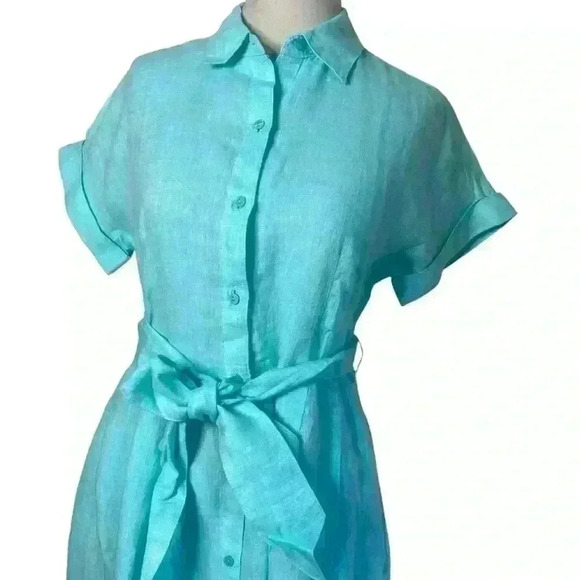 TALBOTS The Sutton Shirtdress Fit & Flare Cross Dye 100% Linen in Aqua Size 6 - Picture 7 of 12